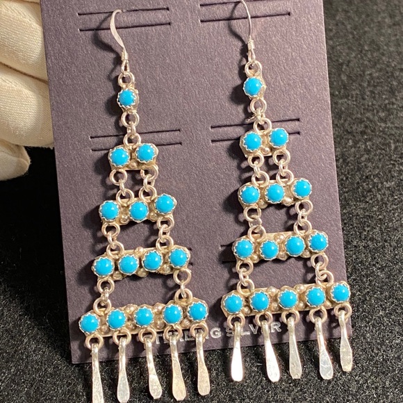 Native Jewelry - Sylvia Chee Zuni Kingman Turquoise Sterling Silver Chandelier Earrings